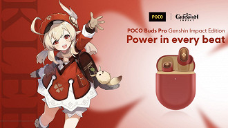 Banner promocional da parceria entre a Hoyoverse e a Xiaomi para o lançamento do fone de ouvido in-ear Bluetooth TWS POCO Buds Pro Genshin Impact Edition. Fonte: Hoyoverse