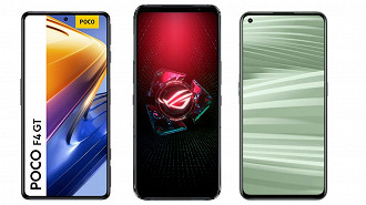 Parte frontal do POCO F4 GT, ROG Phone 5S Pro e Realme GT 2