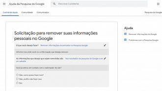 Página de solicitação para remover informações pessoais do Google.