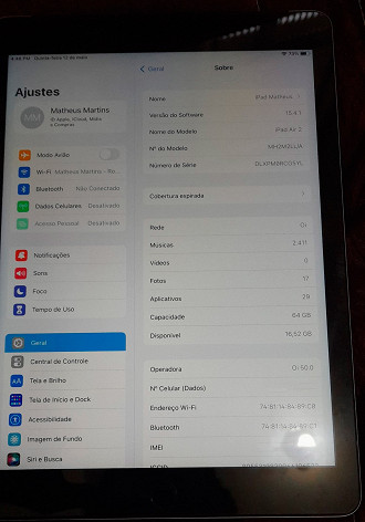 iPad Air 2 rodando o iPad OS 15.4.1 (Crédito: Matheus Martins)