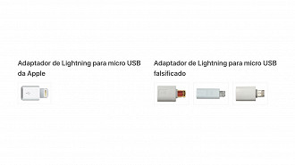 Adaptador de Lightning original à esquerda, e falso à direita. Créditos: Divulgação/Apple