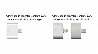 Adaptador Apple original à esquerda e falso à direita. Créditos: Divulgação/Apple