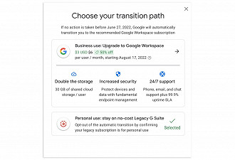 Captura de tela da página de transição para o Google Workspace.