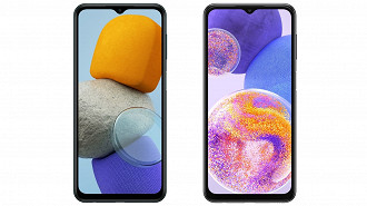 Tela do Galaxy M23 5G na esquerda; Galaxy A13 na direita (Crédito: Oficina da Net)