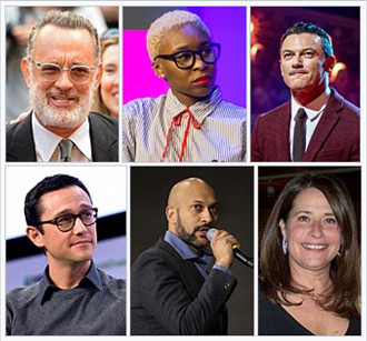 Tom Hanks (em cima do lado esquerdo), Cynthia Erivo (em cima no meio), Luke Evans (em cima do lado direito), Joseph Gordon-Levitt (embaixo do lado esquerdo), Keegan-Michael Key (embaixo no meio) e Lorraine Bracco (embaixo no lado direito). Fonte: Wikipedia