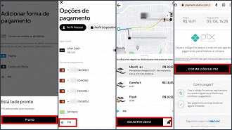 Passo 01 a 04 de como pagar uma corrido do Uber com o Pix.
