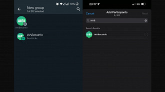 Capturas de tela do aplicativo WhatsApp mostrando o limite de adição de contatos ao novo grupo recém criado. Fonte: WABetainfo