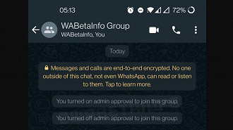 Captura de tela do recurso aprovação de associação ao grupo no WhatsApp Beta. Crédito: WABetaInfo