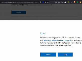 Pedido de solicitação de download do Windows falhou. Fonte: Twitter