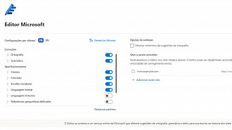 Configurações globais de edição da extensão do Microsoft Editor no navegador Chrome. Fonte: Vitor Valeri