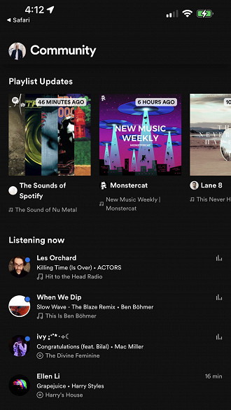 Funcionamento do hub Comunidade no app mobile do Spotify. Fonte: Chris Messina (Twitter)