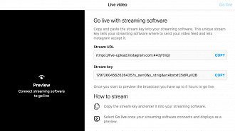 Captura de tela para iniciar a transmissão utilizando a URL. Fonte: Instagram