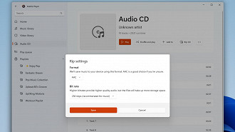 Captura de tela do novo Windows Media Player para Windows 11 exibindo a janela de configurações para ripar as músicas de um CD. Fonte: Microsoft