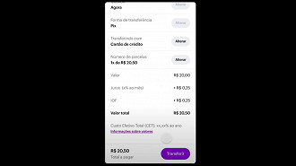 Juros aplicados ao utilizar o Pix no Crédito no aplicativo Nubank à vista (em 1x). Fonte: Nubank