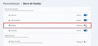 No menu de Personalização > Barra de Tarefas, desative os Widgets (Crédito: Adalton Bonaventura/Oficina da Net)