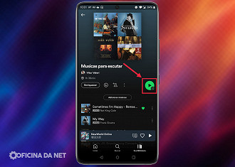 Captura de tela do botão que contém as funções Play (reprodução) e shuffle (embaralhar) no aplicativo Spotify. Fonte: Vitor Valeri