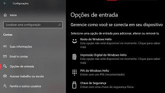 Opções de entrada no aplicativo Configurações do Windows 10. Fonte: Vitor Valeri