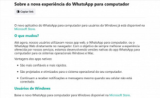 Página de perguntas frequentes do WhatApp informando sobre a versão nativa independente do Windows. Fonte: WhatsApp