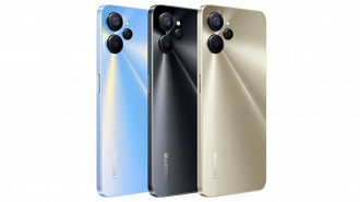 Realme 9i 5G nas cores azul, preto e dourado