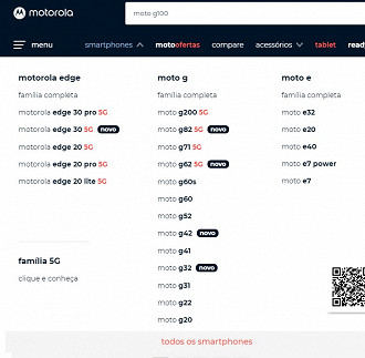 Site Motorola, sem o Moto G100