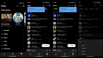 Capturas de tela mostrando o redesign da biblioteca do aplicativo YouTube Music após a recente atualização na versão para Android. Fonte: 9to5google