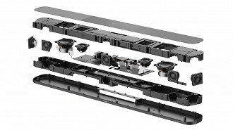 Visão explodida da Sennheiser AMEBO Soundbar Plus mostrando sua parte interna com seus alto-falantes. Fonte: Sennheiser