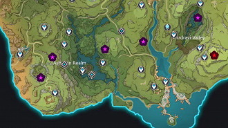 Mapa mostrando onde encontrar todas as 16 Stone Lock (Fechadura de Pedra) em Sumeru. Fonte: HoYoverse