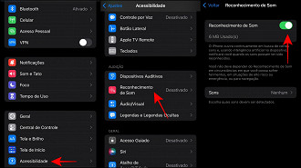 Passos de 1 a 4 de como usar o recurso de Reconhecimento de Som.