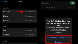 Passos de 5 a 6 de como usar o recurso de Reconhecimento de Som.