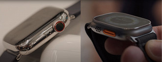 Apple Watch Series 8 (esquerda) e Apple Watch Ultra. Fonte: TheVerge (YouTube)