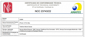 Certificado de Conformidade Técnica do iPhone 14 Pro Max (Reprodução: Anatel)