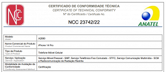 Certificado de Conformidade Técnica do iPhone 14 Pro (Reprodução: Anatel)