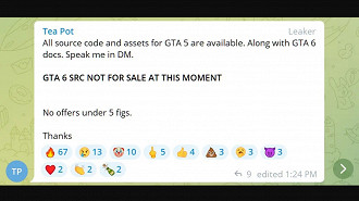 Captura de tela de mensagem do anúncio de venda de código fonte e ativos de GTA V pelo hacker no Telegram. Fonte: BleepingComputer