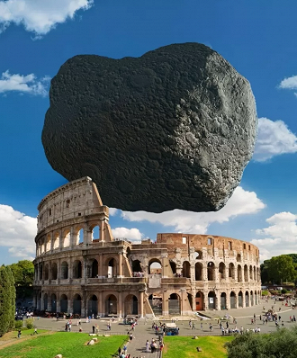 Comparação real do asteroide Dimorphos com o coliseu de Roma (Reprodução: ESA)
