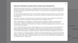 Captura de tela do anúncio de imprensa do Bradesco sobre a parceria com o Google para dar suporte ao Google Pay nos cartões do banco. Fonte: Bradesco Imprensa