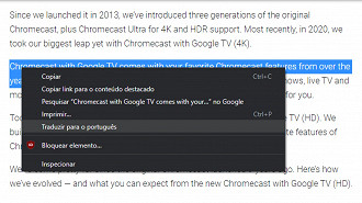 Recurso de tradução de textos destacados em sites. Fonte: Vitor Valeri