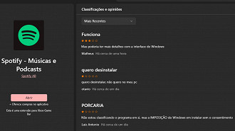 Captura de tela da seção de classificações e opiniões do aplicativo Spotify na Microsoft Store. Fonte: Vitor Valeri
