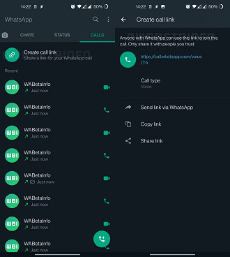 Funcionalidades Link de chamadas; Foto: WhatsAppBetaInfo