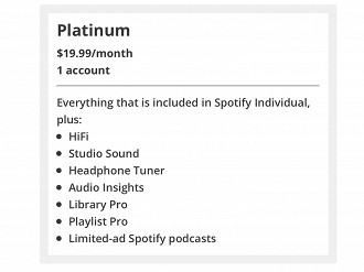 Novo plano Spotify Platinum com a transmissão de músicas lossless (sem perdas). Fonte: Reddit