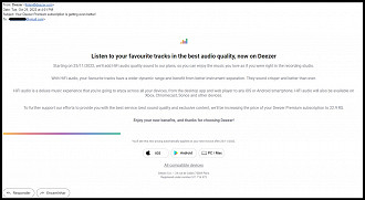 E-mail enviado pela equipe do Deezer comunicando sobre o aumento do valor cobrado pelo plano Premium.