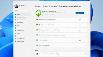Microsoft começa a implementar recurso que dá dicas ao usuário para melhorar a eficiência energética do notebook. Fonte: Microsoft