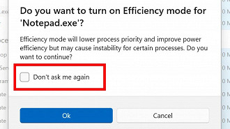 Captura de tela mostrando a opção para não perguntar novamente sobre a ativação do modo de eficiência para determinado aplicativo. Fonte: Bleeping Computer