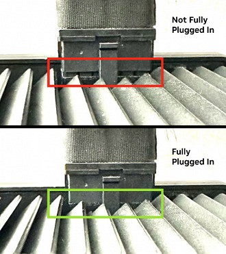 Imagem que Nvidia utilizou para ilustrar um conector mal conectado e outro conectado corretamente. Fonte: Nvidia