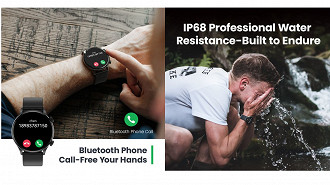 Ele tem certificação IP68 e o recurso Call-Free Your Hands permite atender suas chamadas sem tocar na tela