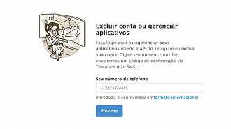 Nesta página, você exclui imediatamente a sua conta do Telegram.