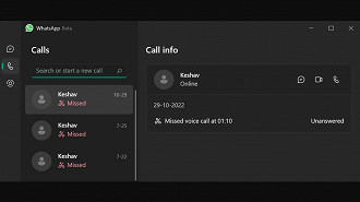 Captura de tela da guia chamadas (call em inglês) na versão beta do WhatsApp para Windows 10/11. Fonte: windowslatest