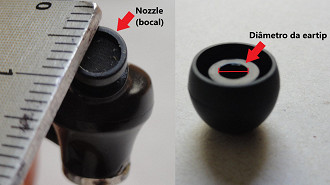 Nozzle (bocal por onde sai o som) a esquerda e núcleo da ear tip (diâmetro da ear tip) a direita. Fonte: Vitor Valeri