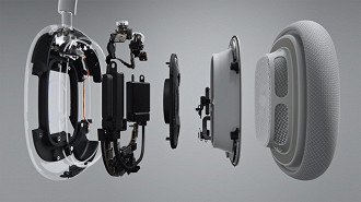 Visão explodida do AirPods Max original mostrando os componentes internos da ear cup (concha). Fonte: Apple