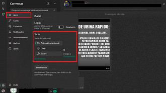 Mudando o tema para escuro - Configurações para mudar agora no WhatsApp para Windows. Fonte: Vitor Valeri