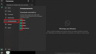 Desabilitando o download automático de arquivos - Configurações para mudar agora no WhatsApp para Windows. Fonte: Vitor Valeri